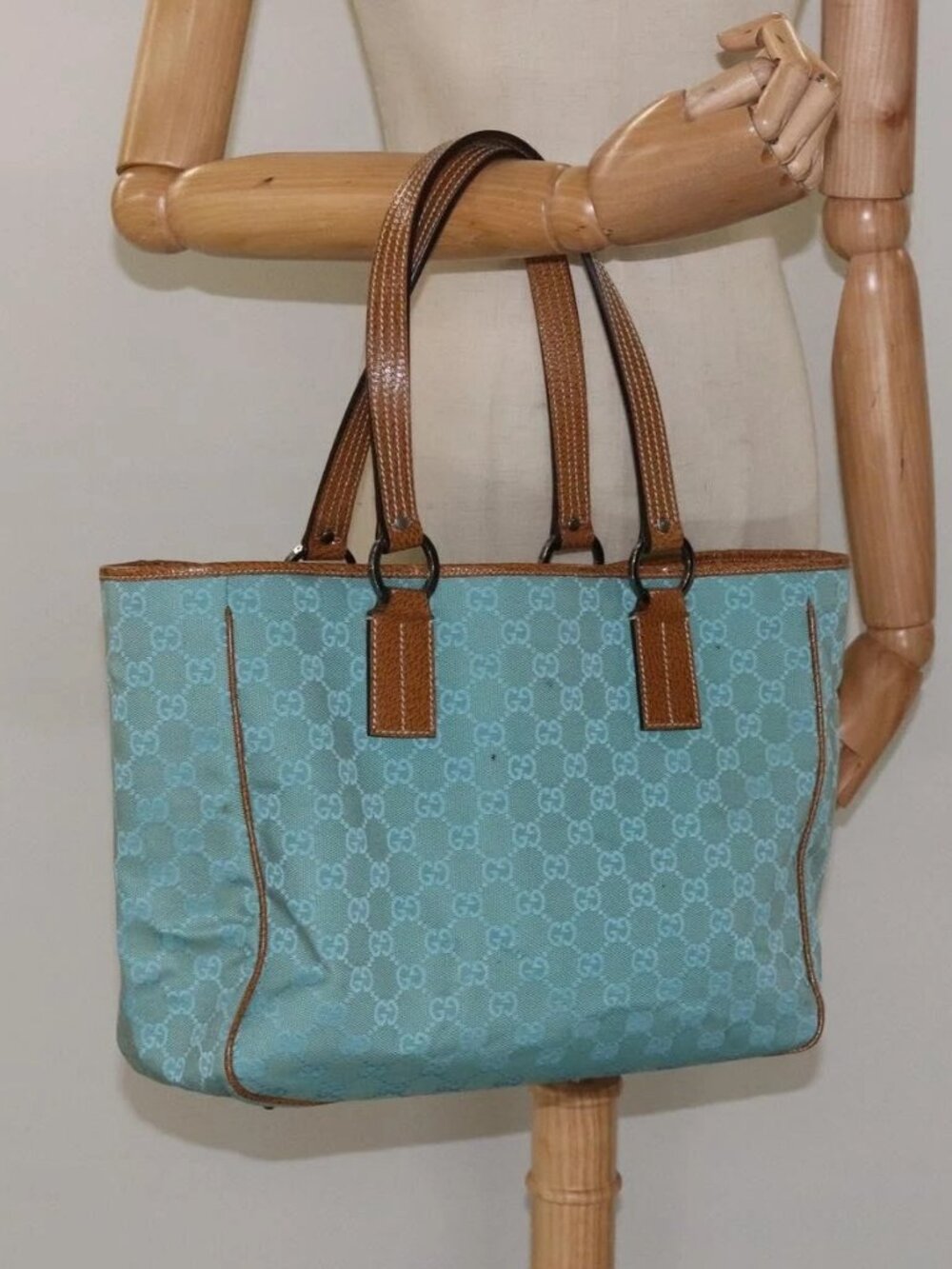 GUCCI GG Canvas Tote Bag Turquoise Blue 113017 Auth 115077 - Picture 15 of 16